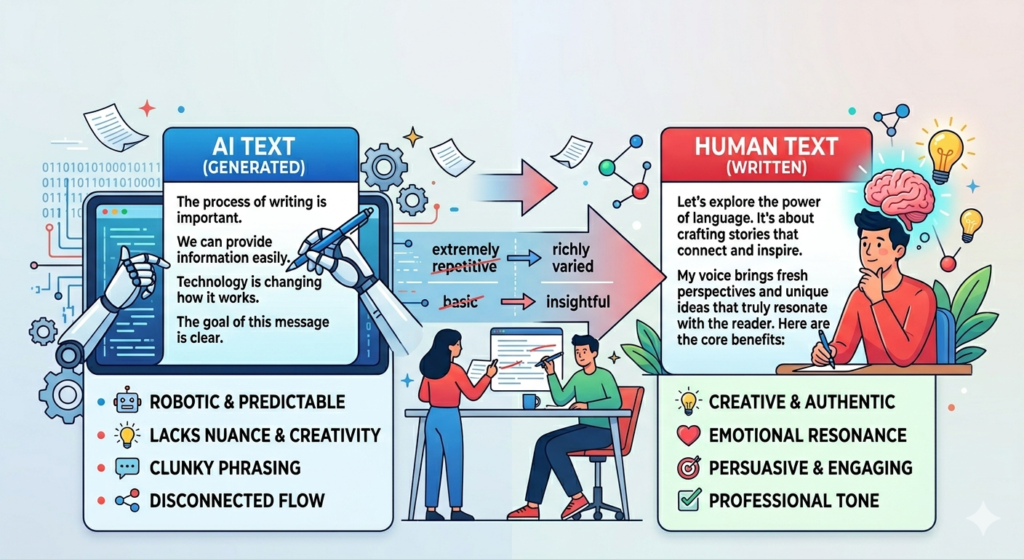 A side-by-side comparison chart showing how to humanize AI text for better readability.