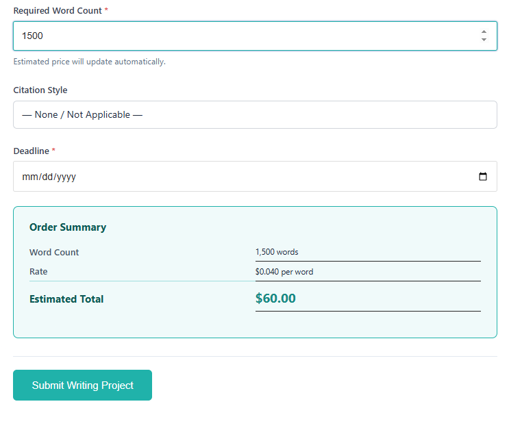 Screenshot of pricing page with order 