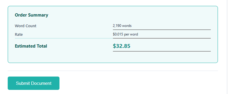 Screenshot of pricing page showing how it is calculated by word count. 